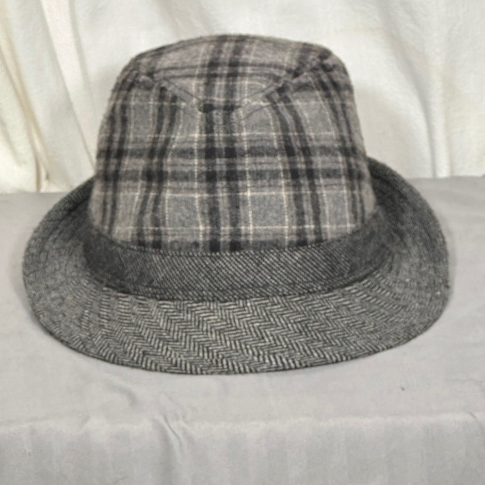 REI Mens L/XL Plaid‎ Herringbone Fedora Hat Wool Blend Grey Casual Outdoor